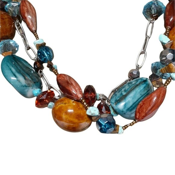 Chunky Multi-stand Necklace Large and Small Faceted Beads with Silver-Tone Chain - Picture 3 of 5